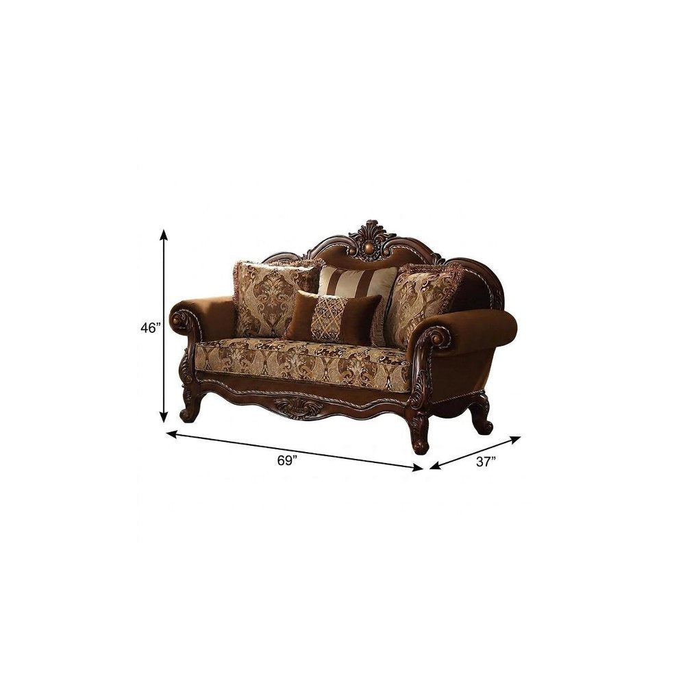 69" Brown Damask Chesterfield Loveseat and Toss Pillows
