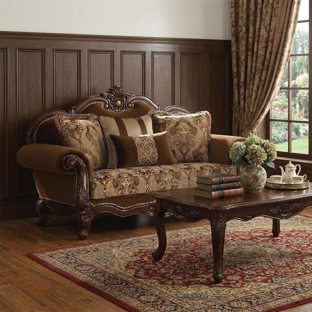 69" Brown Damask Chesterfield Loveseat and Toss Pillows