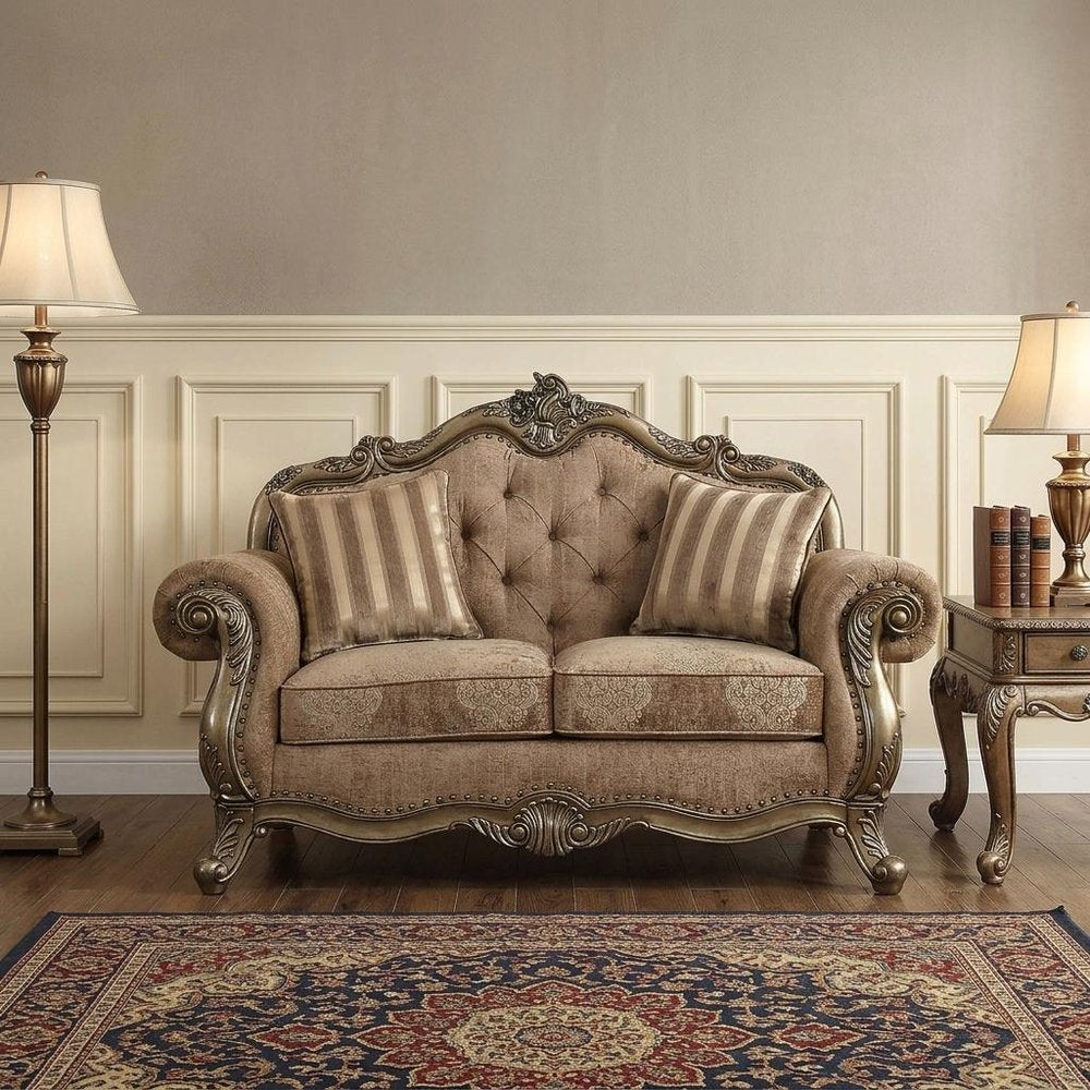 69" Brown And Platinum Damask Chesterfield Loveseat