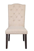 Set of Two Tufted Beige and Espresso Upholstered Linen Dining Side Chairs on a white background