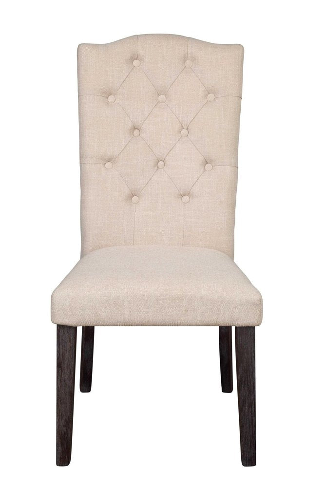 Set of Two Tufted Beige and Espresso Upholstered Linen Dining Side Chairs on a white background