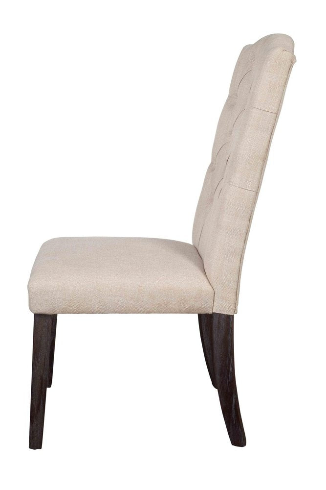 Set of Two Tufted Beige and Espresso Upholstered Linen Dining Side Chairs on a white background