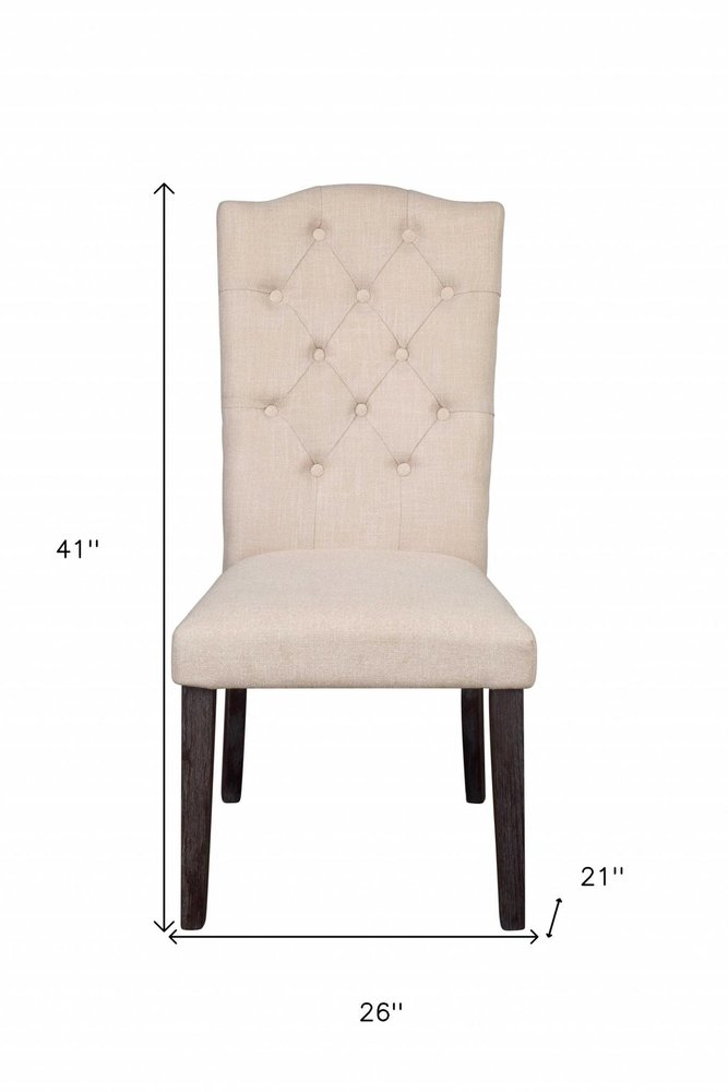 Set of Two Tufted Beige and Espresso Upholstered Linen Dining Side Chairs on a white background