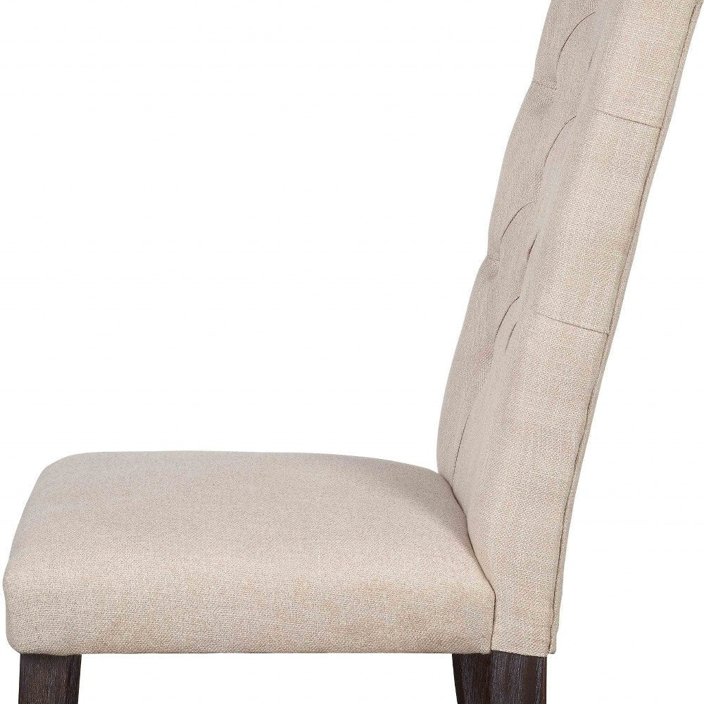 Set of Two Tufted Beige and Espresso Upholstered Linen Dining Side Chairs on a white background