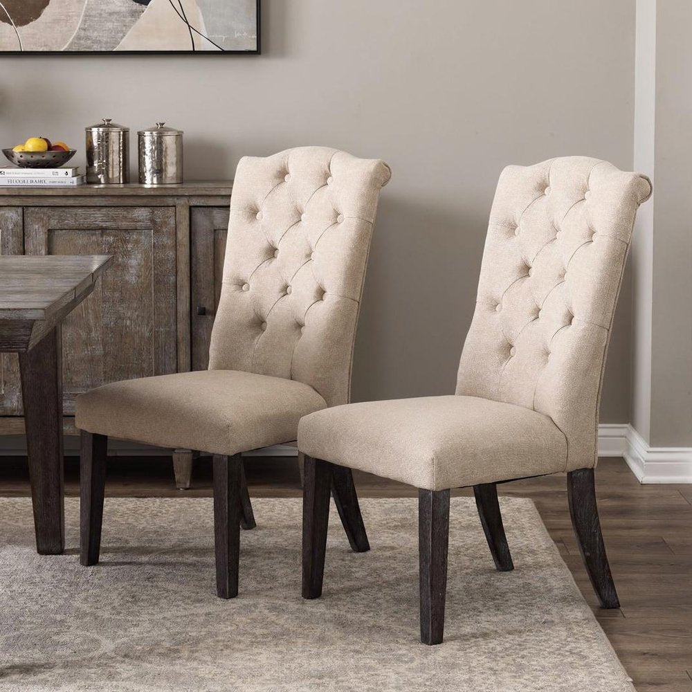 Set of Two Tufted Beige and Espresso Upholstered Linen Dining Side Chairs in a home interior