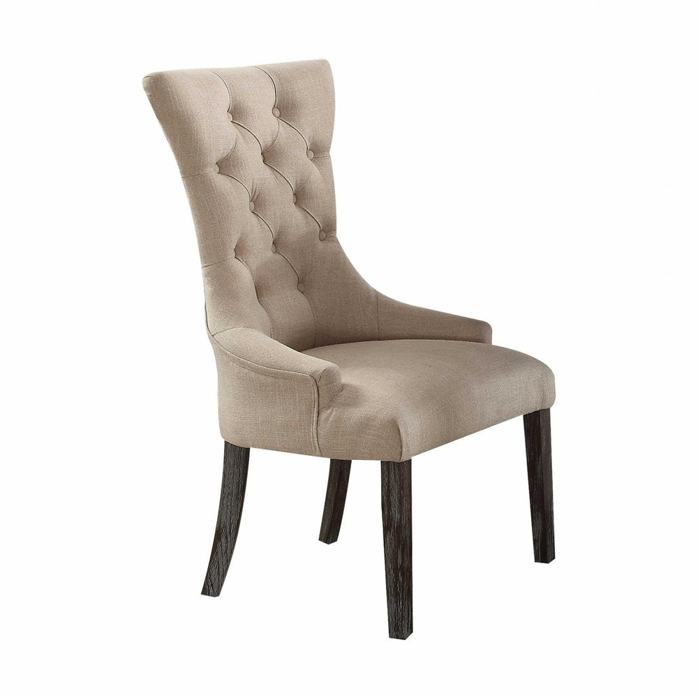 Beige linen tufted parsons chair with dark brown wooden legs on a white background.