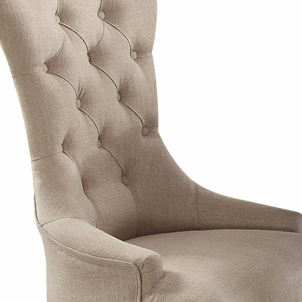 Set of Two 28" Beige and Dark Brown Linen Tufted Parsons Chair on a white background