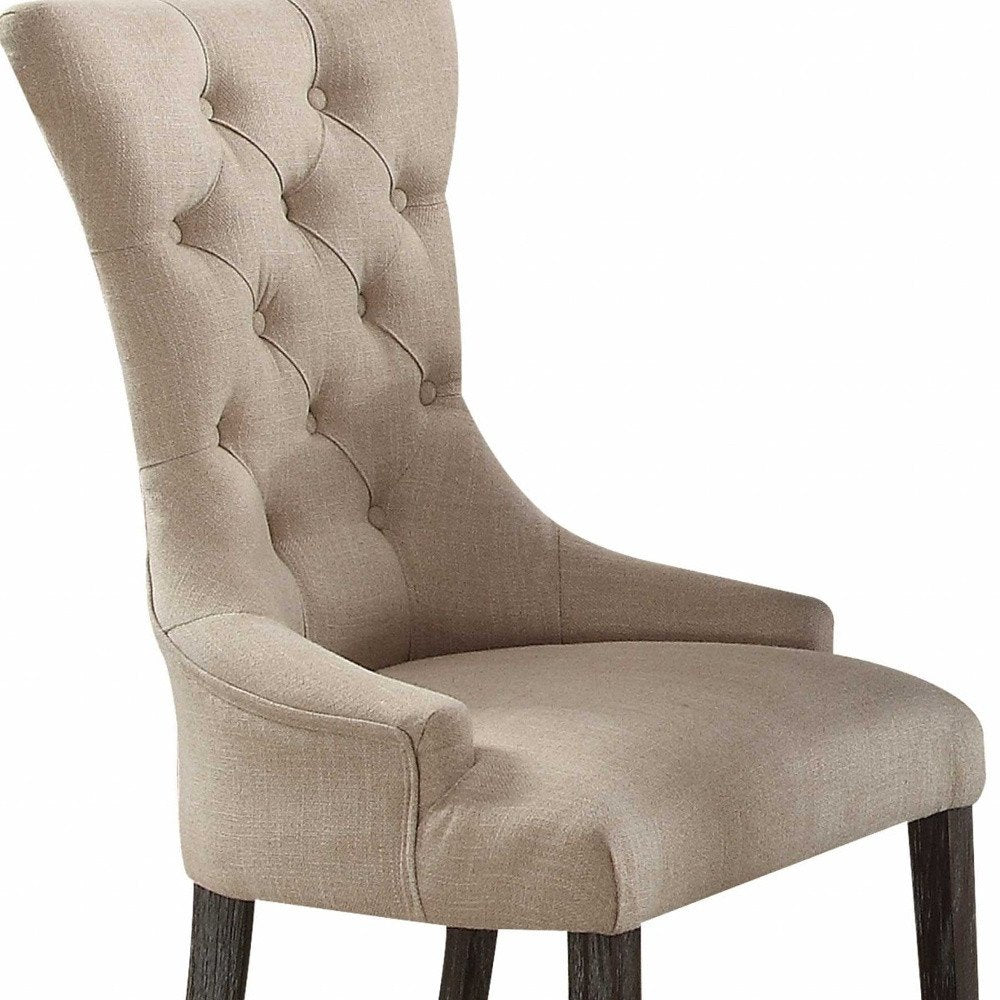 Set of Two 28" Beige and Dark Brown Linen Tufted Parsons Chair on a white background