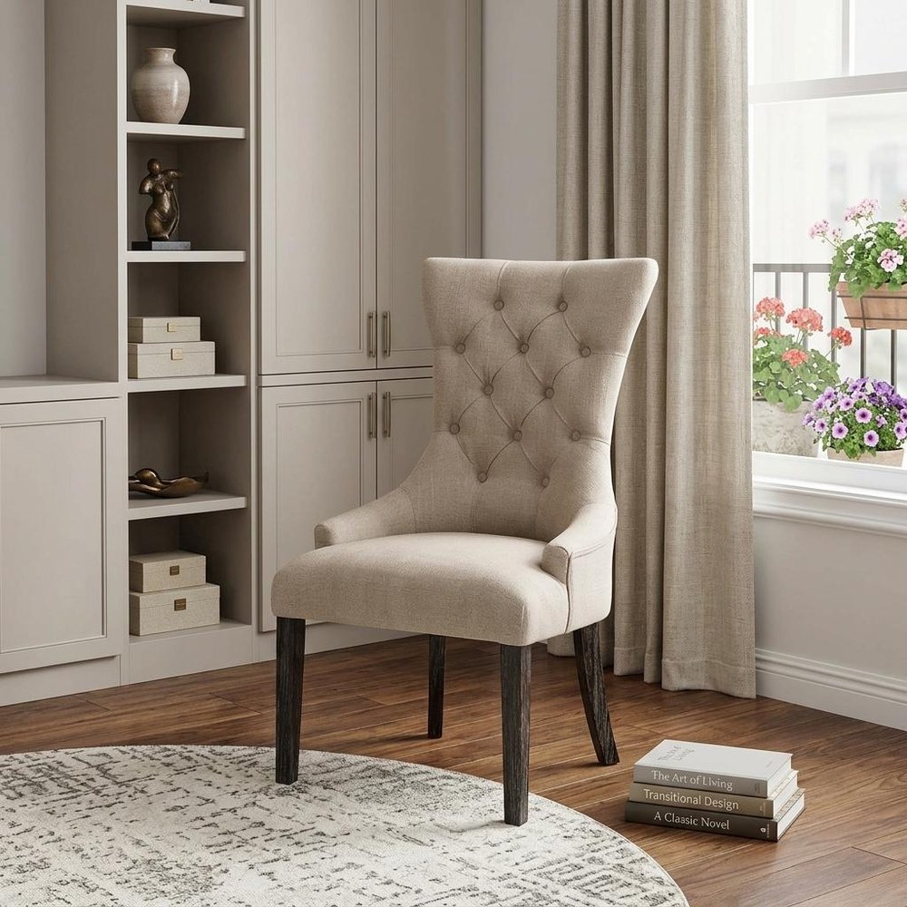 Set of Two 28" Beige and Dark Brown Linen Tufted Parsons Chair in a home interior