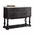 18" X 48" X 36" White Marble Weathered Espresso Wood Server. Bar cart isolated on a plain white background, showing a wood surface.