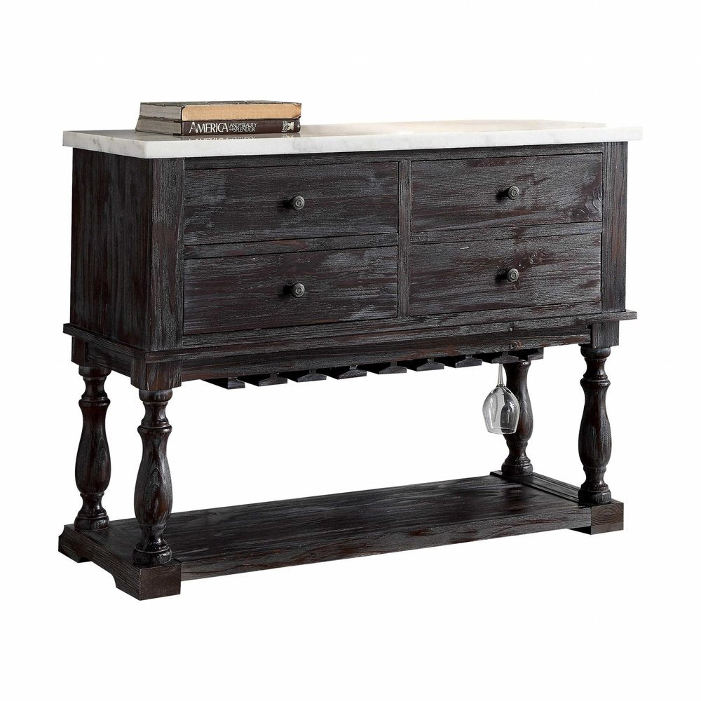 Weathered espresso wood server with white marble top, four drawers, wine rack, and lower shelf.