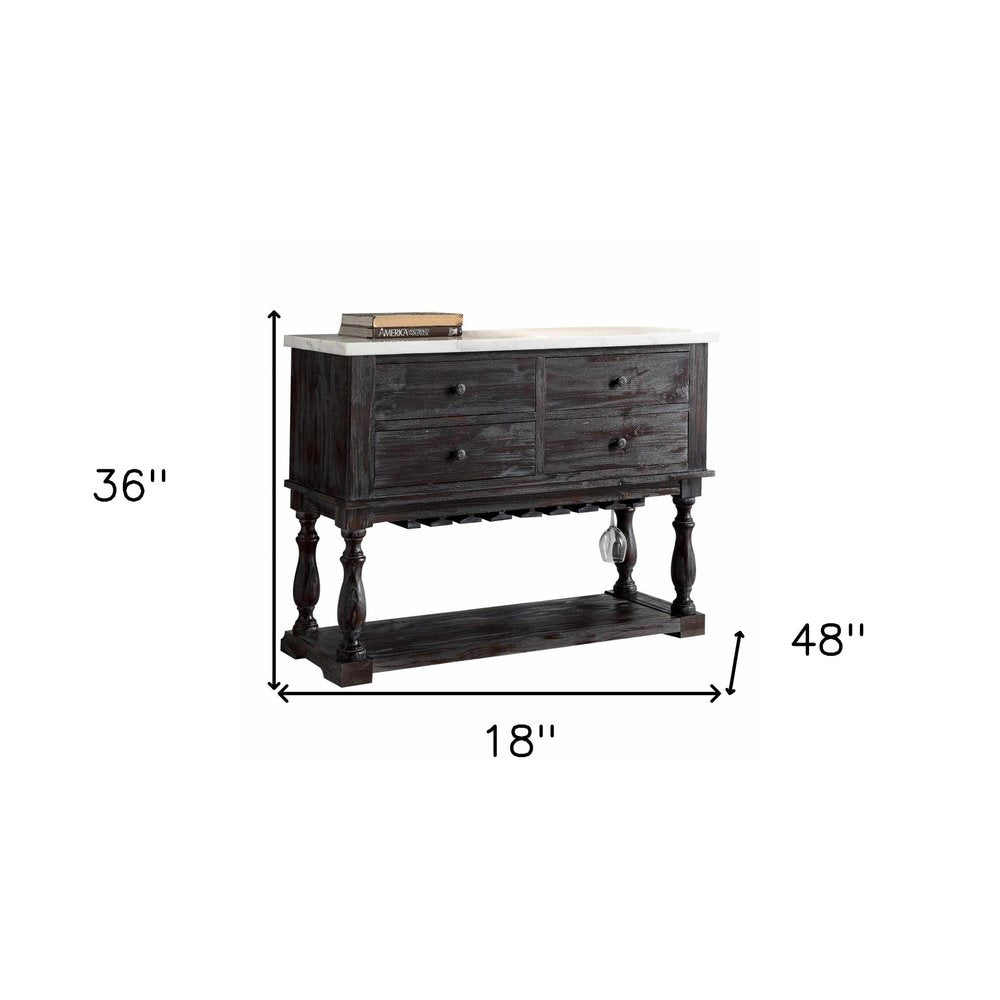 18" X 48" X 36" White Marble Weathered Espresso Wood Server. Bar cart isolated on a plain white background, showing a wood surface.