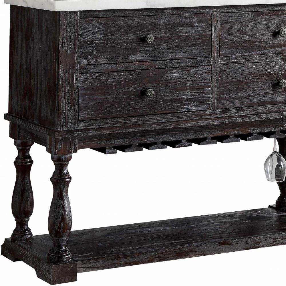 18" X 48" X 36" White Marble Weathered Espresso Wood Server. Bar cart in white wood.