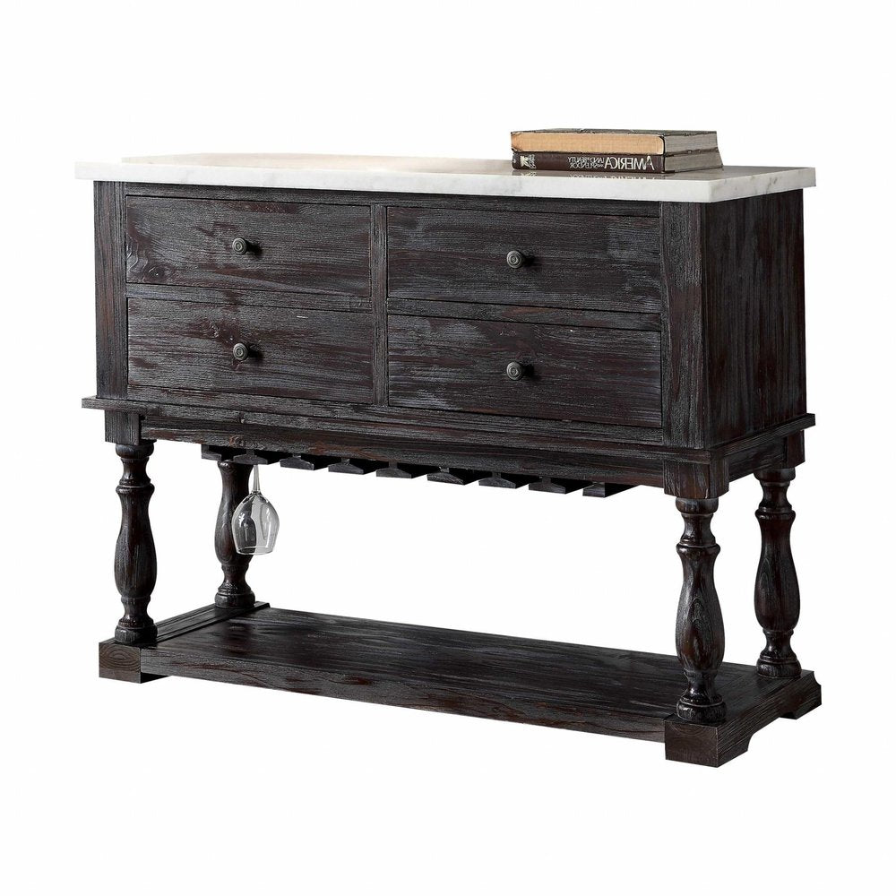 18" X 48" X 36" White Marble Weathered Espresso Wood Server. Bar cart isolated on a plain white background, showing a wood surface.