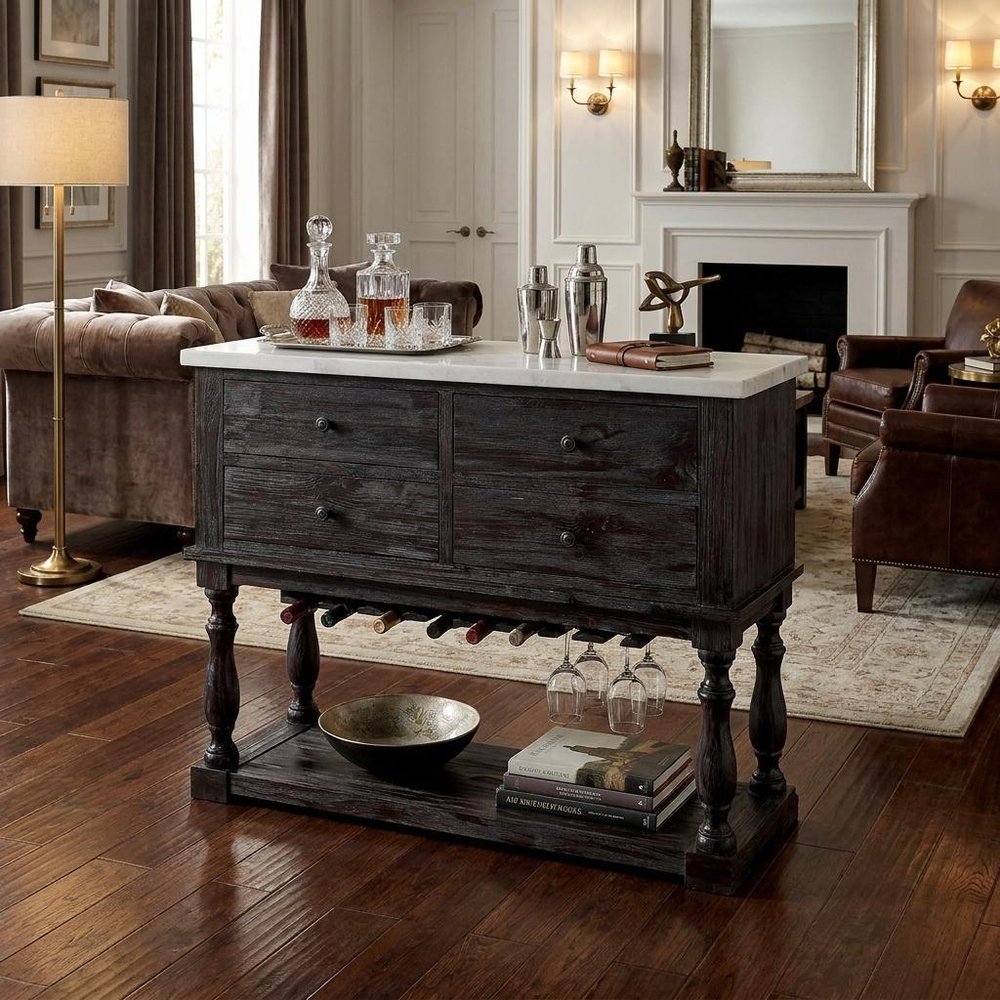18" X 48" X 36" White Marble Weathered Espresso Wood Server.