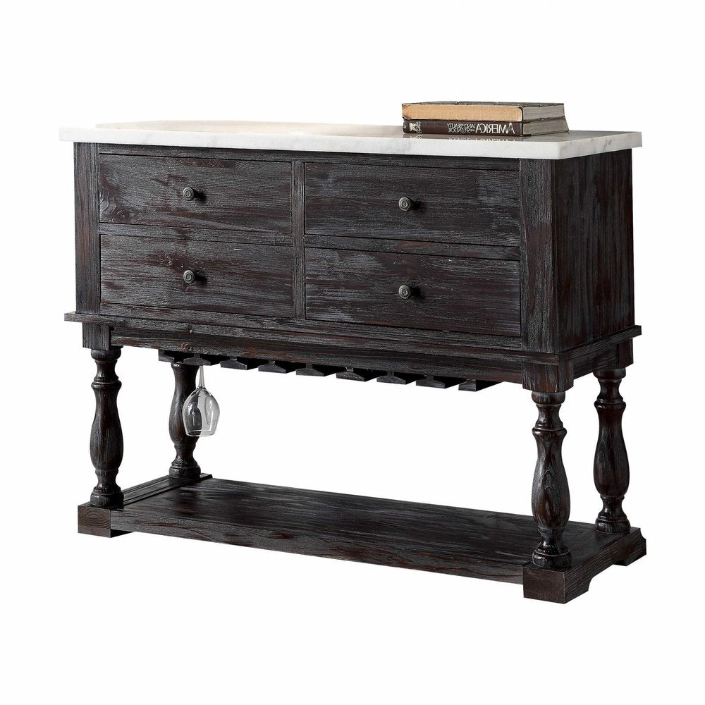 18" X 48" X 36" White Marble Weathered Espresso Wood Server. Bar cart isolated on a plain white background, showing a wood surface.