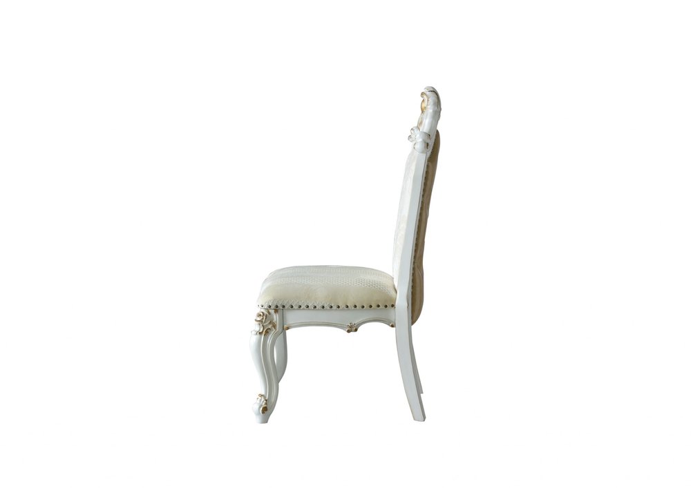 Set of Two 27" Beige and White Faux Leather Damask Side Chair on a white background