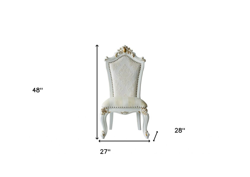 Set of Two 27" Beige and White Faux Leather Damask Side Chair on a white background