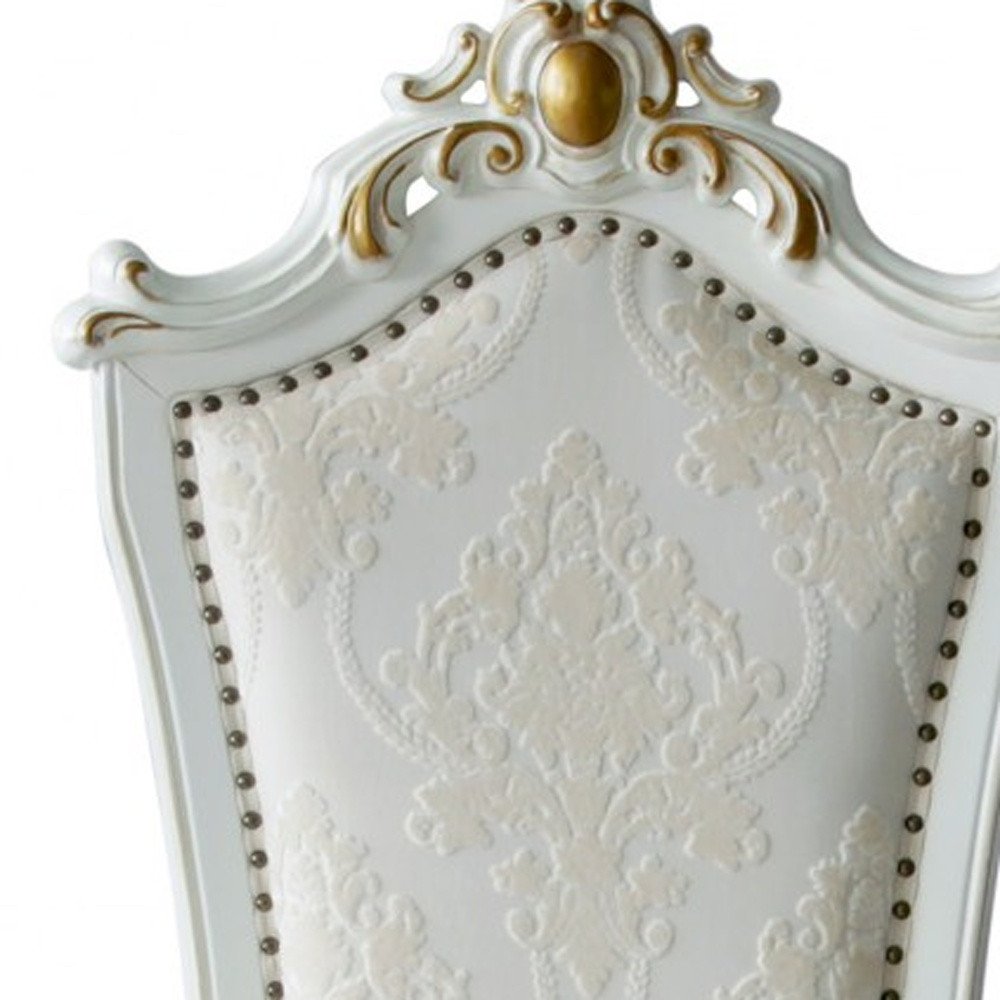 Set of Two 27" Beige and White Faux Leather Damask Side Chair on a white background