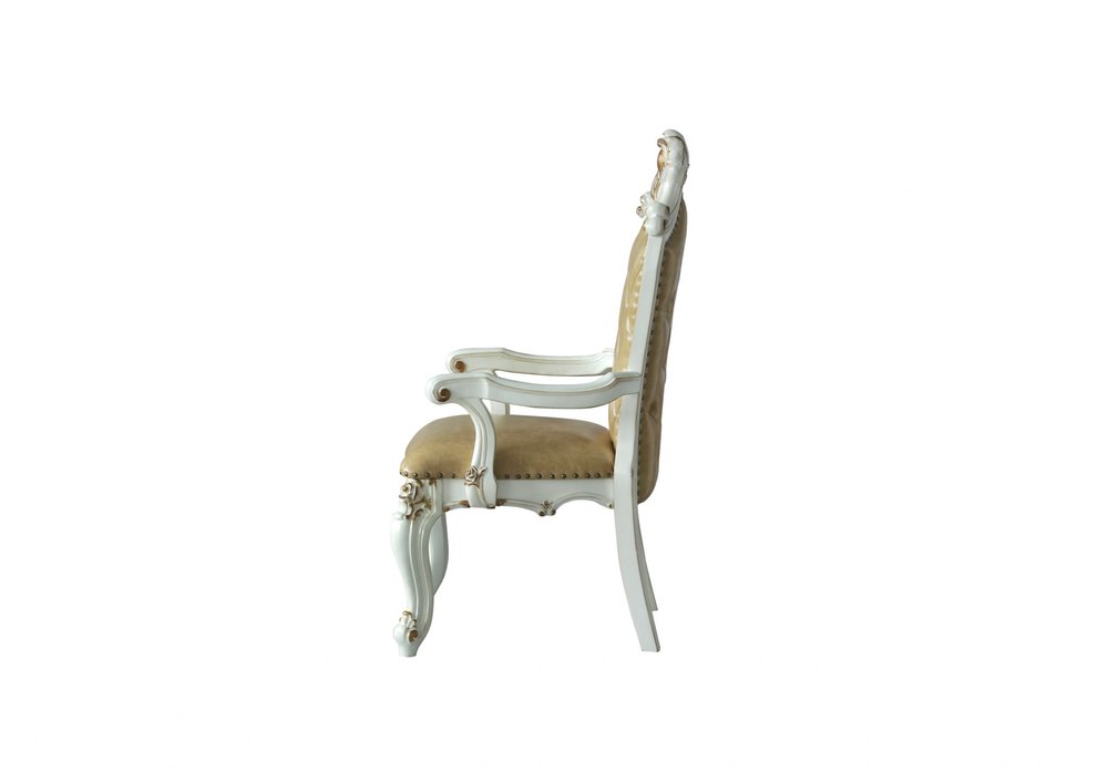 Set of Two 27" Brown and White Faux Leather Tufted Side Chair on a white background