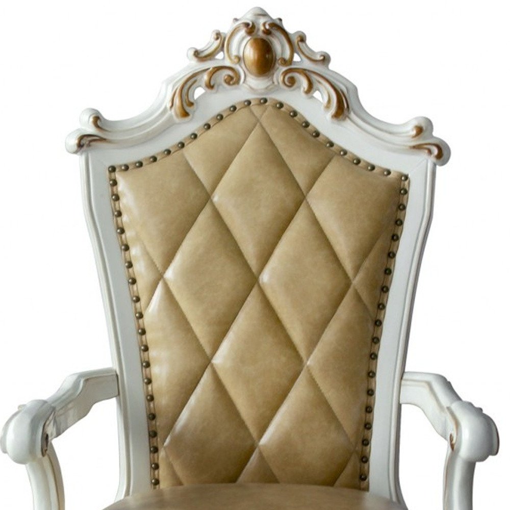 Set of Two 27" Brown and White Faux Leather Tufted Side Chair on a white background