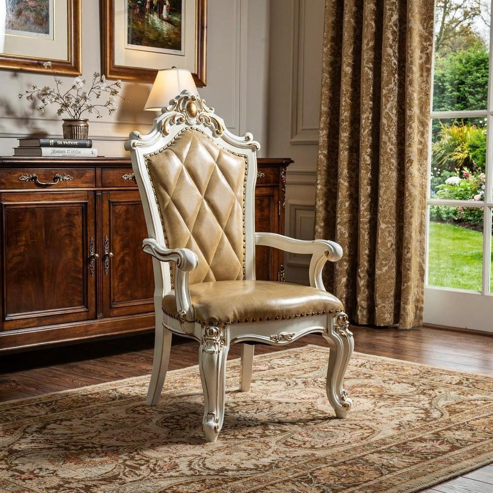 Set of Two 27" Brown and White Faux Leather Tufted Side Chair in a home interior