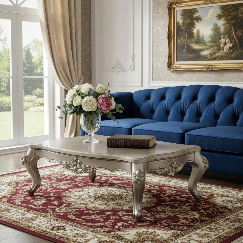 57" Beige Genuine Marble And Solid Wood Coffee Table styled in a furnished interior with a dark brown wall on a wood floor.