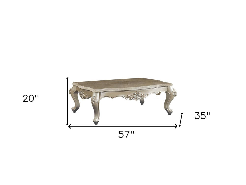 57" Beige Genuine Marble And Solid Wood Coffee Table. Coffee table isolated on a plain white background, in a beige wood finish.
