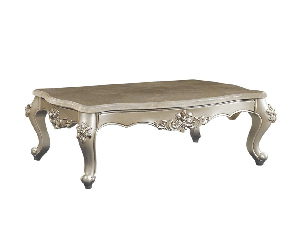 57" Beige Genuine Marble And Solid Wood Coffee Table. Coffee table isolated on a plain white background, showing a beige wood surface.