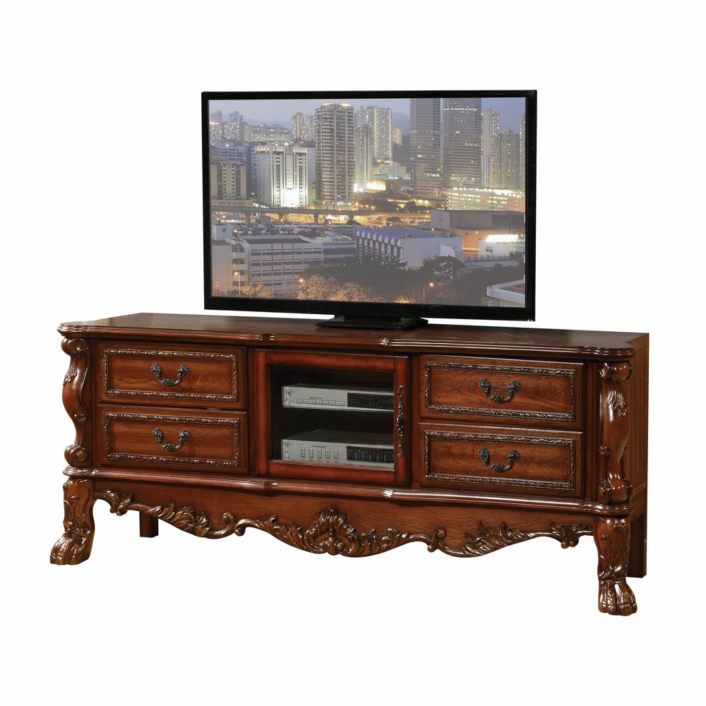 74" Off White Carved Scrollwork Glass And Solid and Manufactured Wood Enclosed and Open Storage Entertainment Center