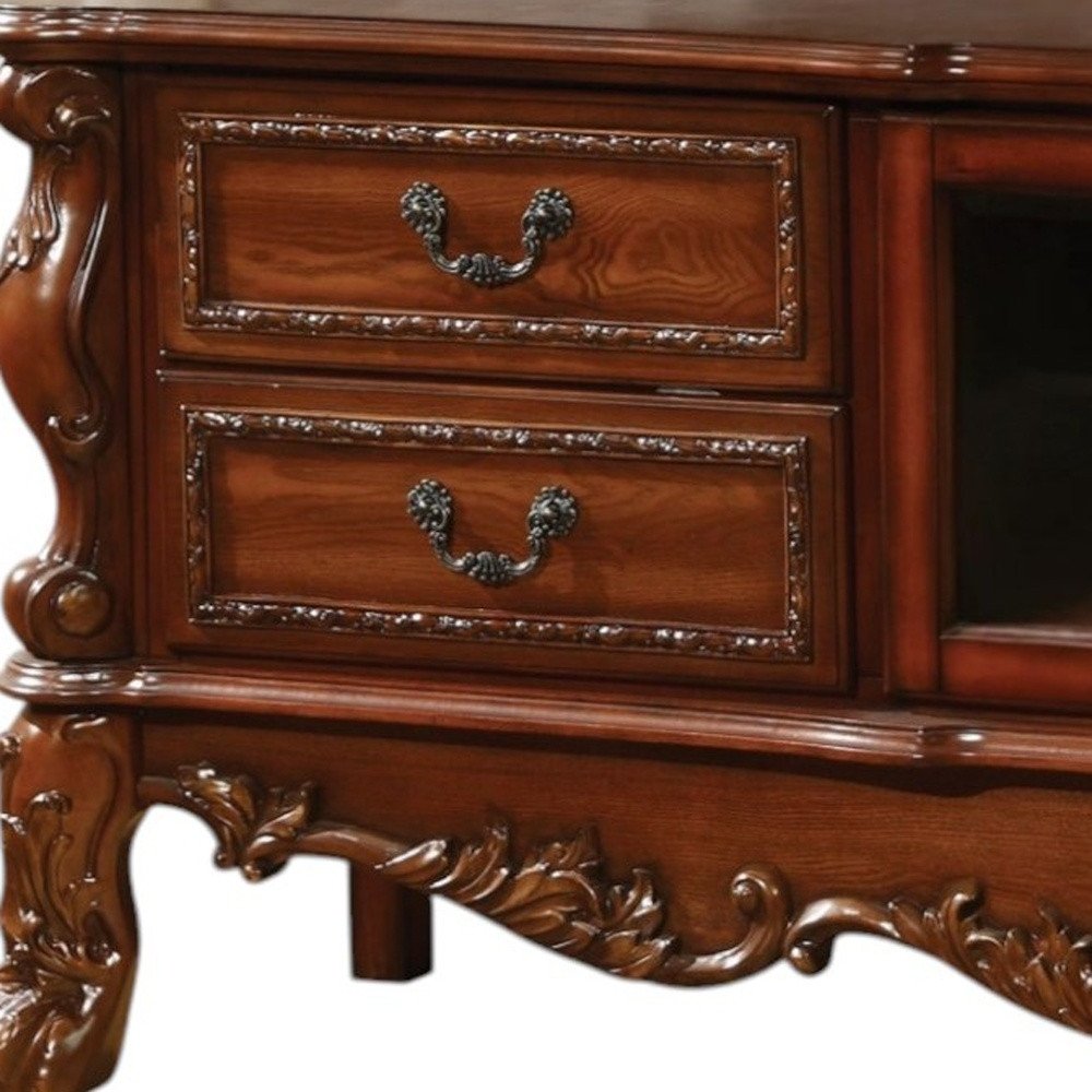 79" Brown Wood And Glass Carved Scrollwork Entertainment Center close-up detail