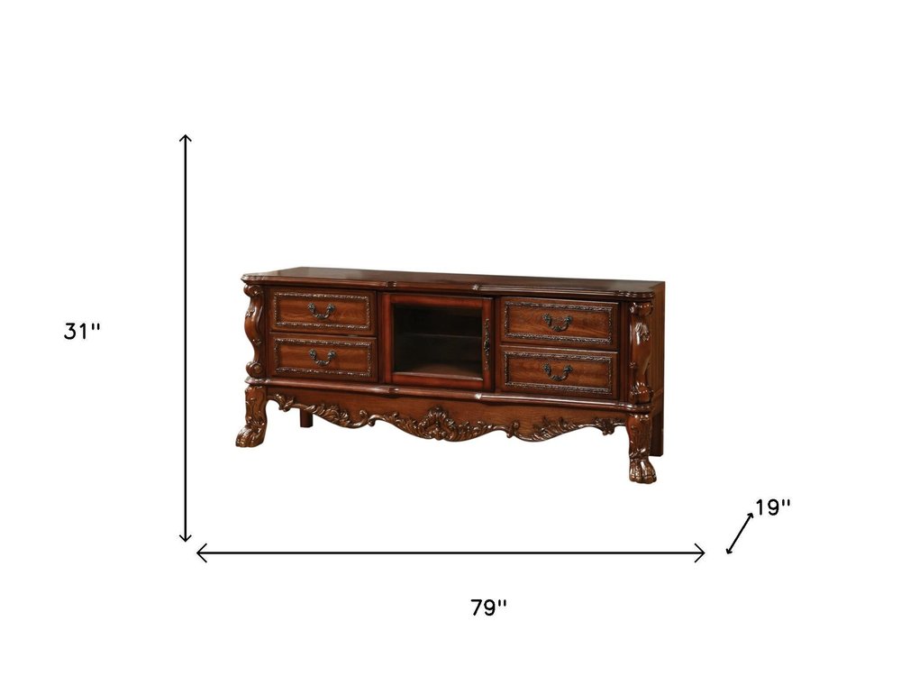 79" Brown Wood And Glass Carved Scrollwork Entertainment Center on a white background