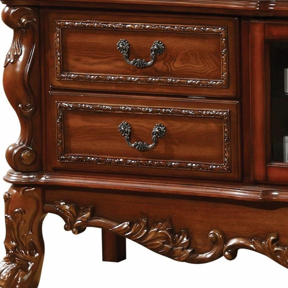 74" Off White Carved Scrollwork Glass And Solid and Manufactured Wood Enclosed and Open Storage Entertainment Center