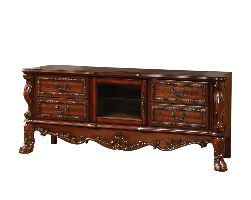 74" Off White Carved Scrollwork Glass And Solid and Manufactured Wood Enclosed and Open Storage Entertainment Center