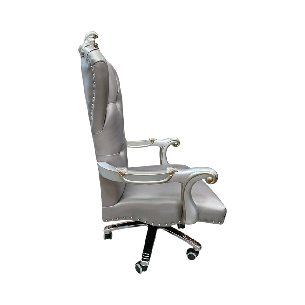 Gray Faux Leather Tufted Seat Swivel Adjustable Executive Chair Leather Back on a white background