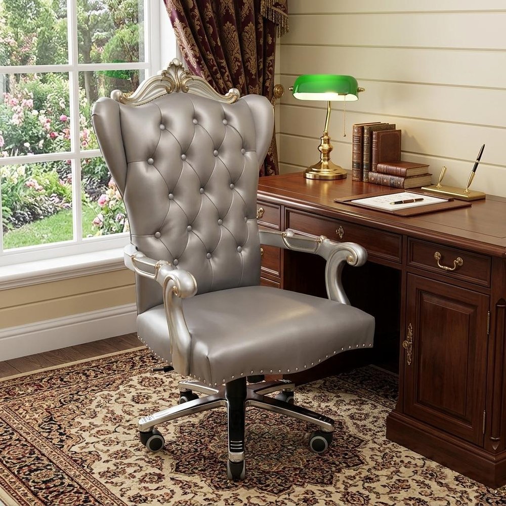 Gray Faux Leather Tufted Seat Swivel Adjustable Executive Chair Leather Back in a home interior