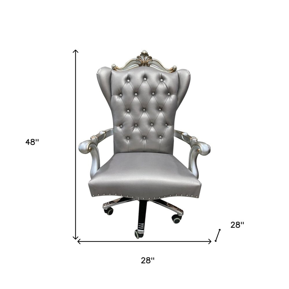 Gray Faux Leather Tufted Seat Swivel Adjustable Executive Chair Leather Back on a white background