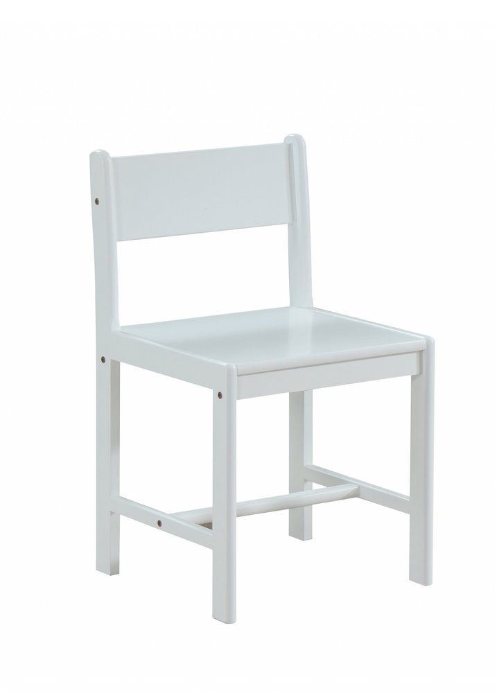 White wooden stationary desk chair with a simple design against a white background.