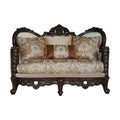 68" Cream And Brown Damask Chesterfield Loveseat and Toss Pillows