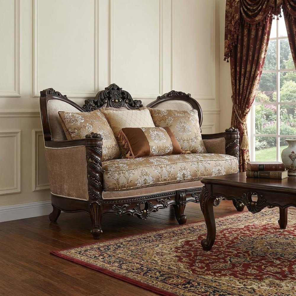 68" Cream And Brown Damask Chesterfield Loveseat and Toss Pillows