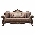88" Beige Velvet Floral Sofa And Toss Pillows With Brown Legs on a white background
