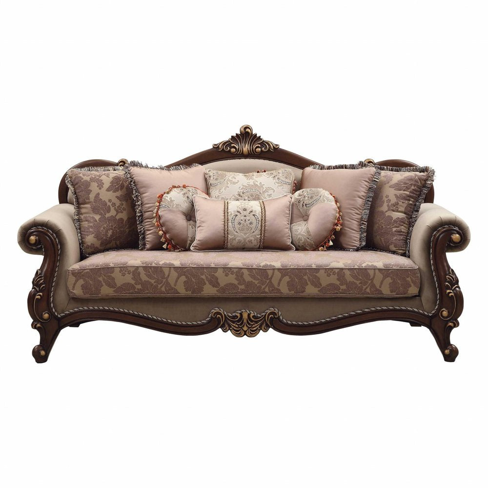 88" Beige Velvet Floral Sofa And Toss Pillows With Brown Legs on a white background