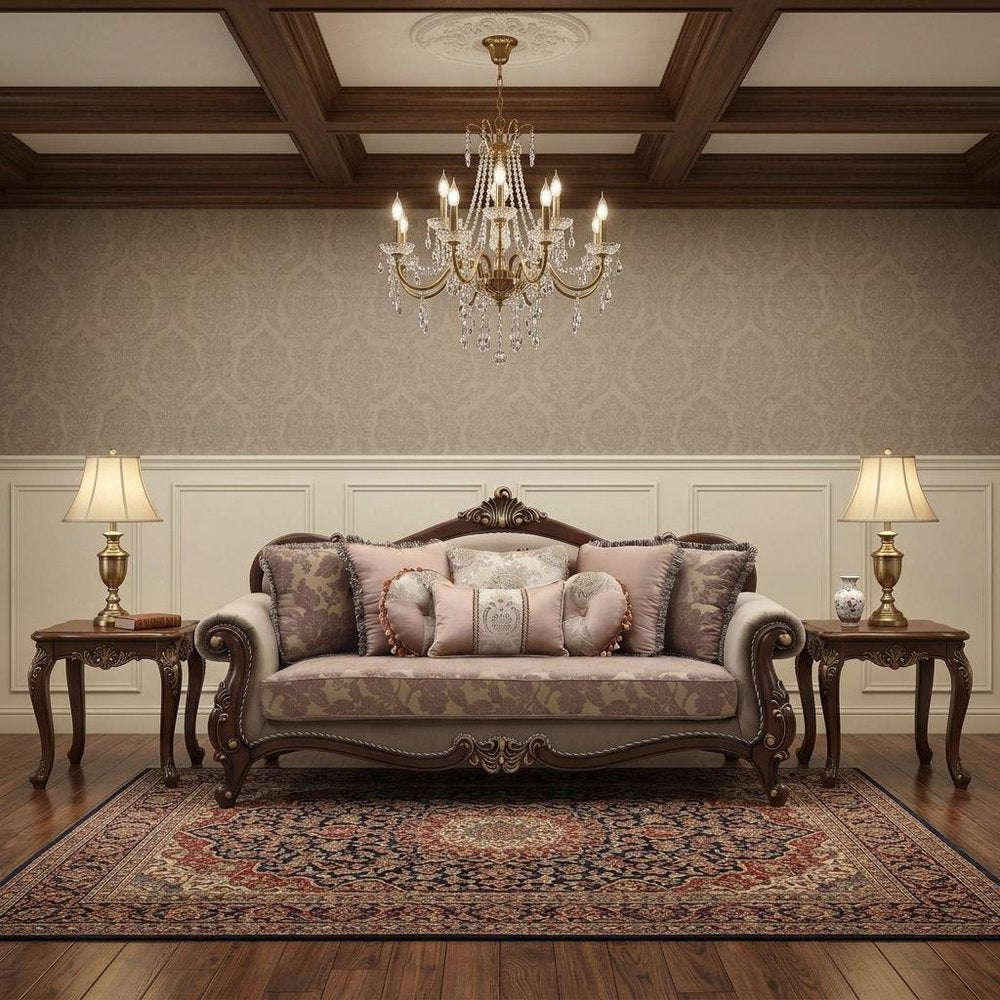 88" Beige Velvet Floral Sofa And Toss Pillows With Brown Legs