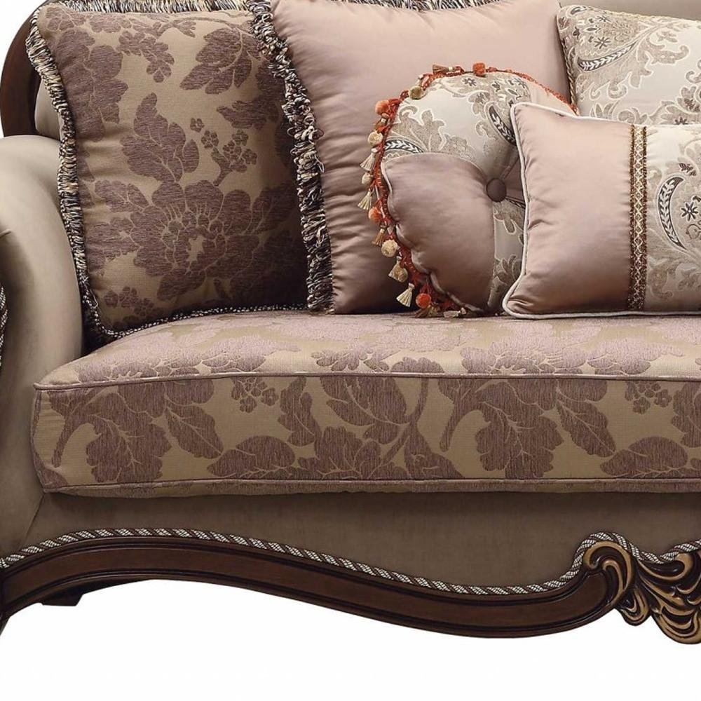 88" Beige Velvet Floral Sofa And Toss Pillows With Brown Legs close-up detail