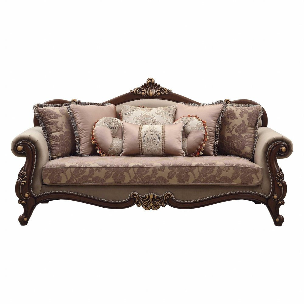 88" Beige Velvet Floral Sofa And Toss Pillows With Brown Legs on a white background
