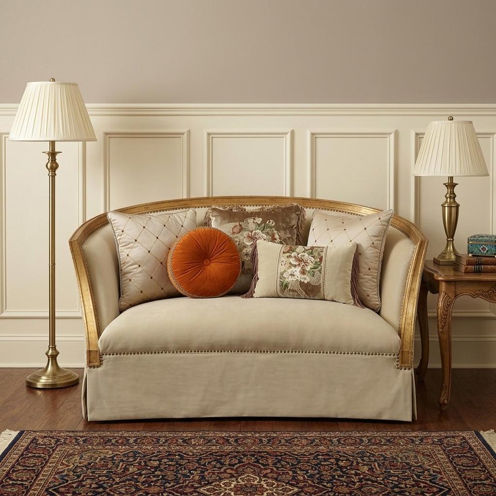70" Tan And Gold Curved Loveseat and Toss Pillows
