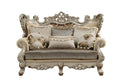 72" Cream And Platinum Damask Chesterfield Loveseat and Toss Pillows on a white background