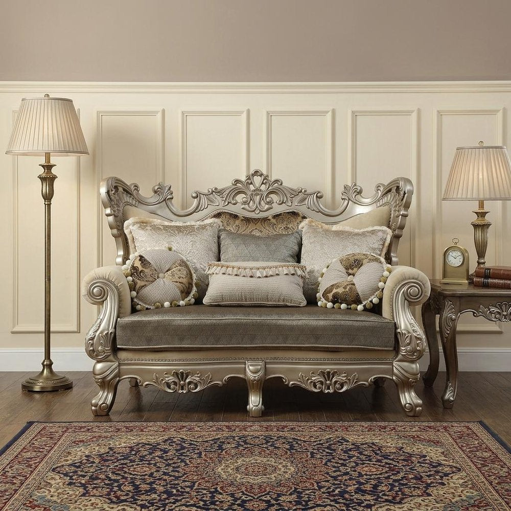 72" Cream And Platinum Damask Chesterfield Loveseat and Toss Pillows