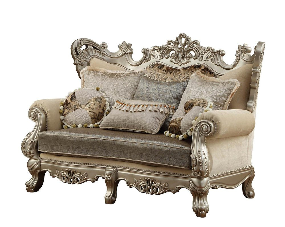 72" Cream And Platinum Damask Chesterfield Loveseat and Toss Pillows on a white background