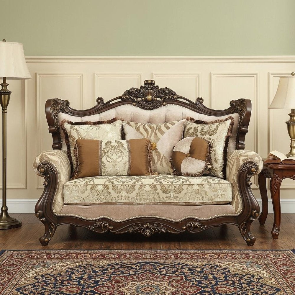 70" Beige and Brown And Brown Damask Loveseat and Toss Pillows